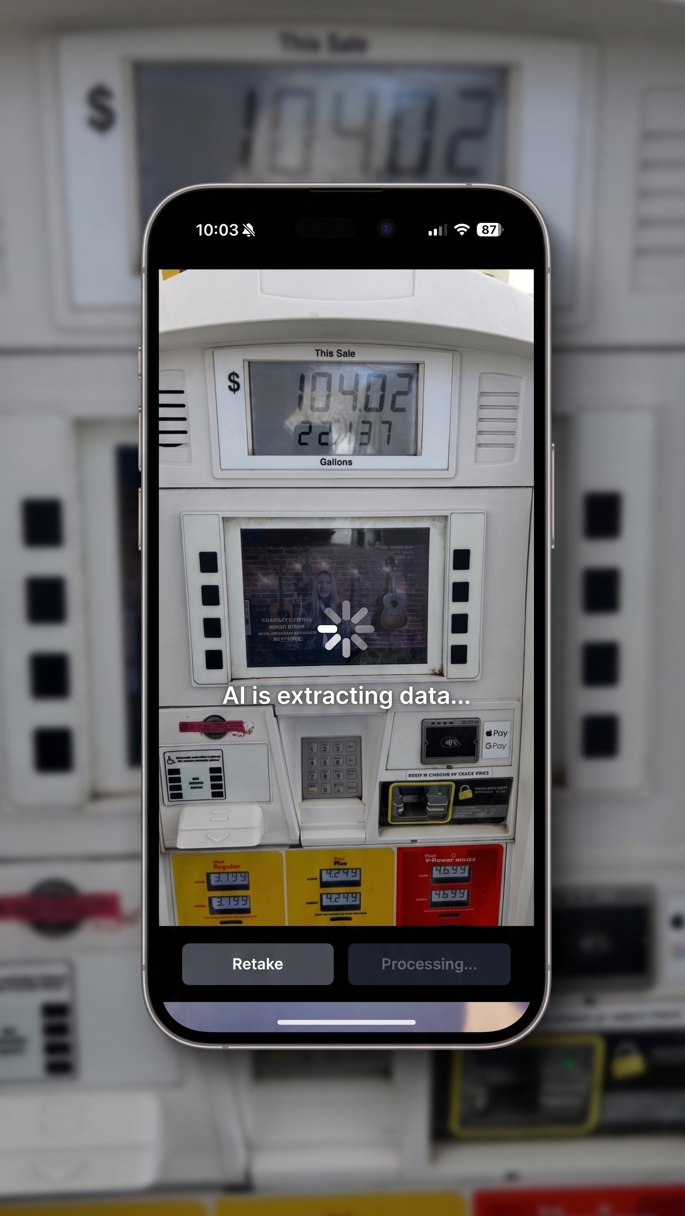 FieldLedger mobile app scanning a gas station receipt