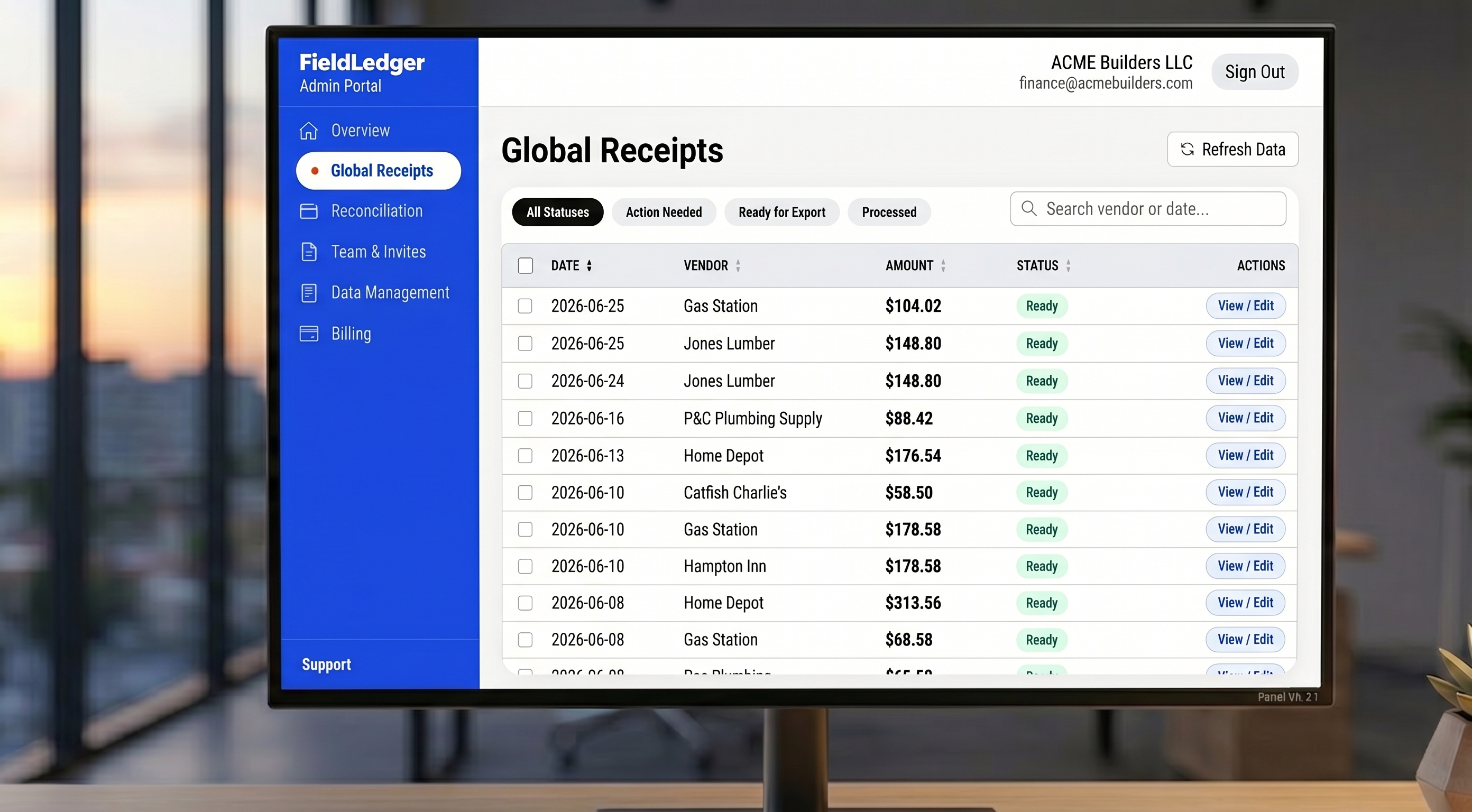 FieldLedger web portal displaying global receipts for reconciliation